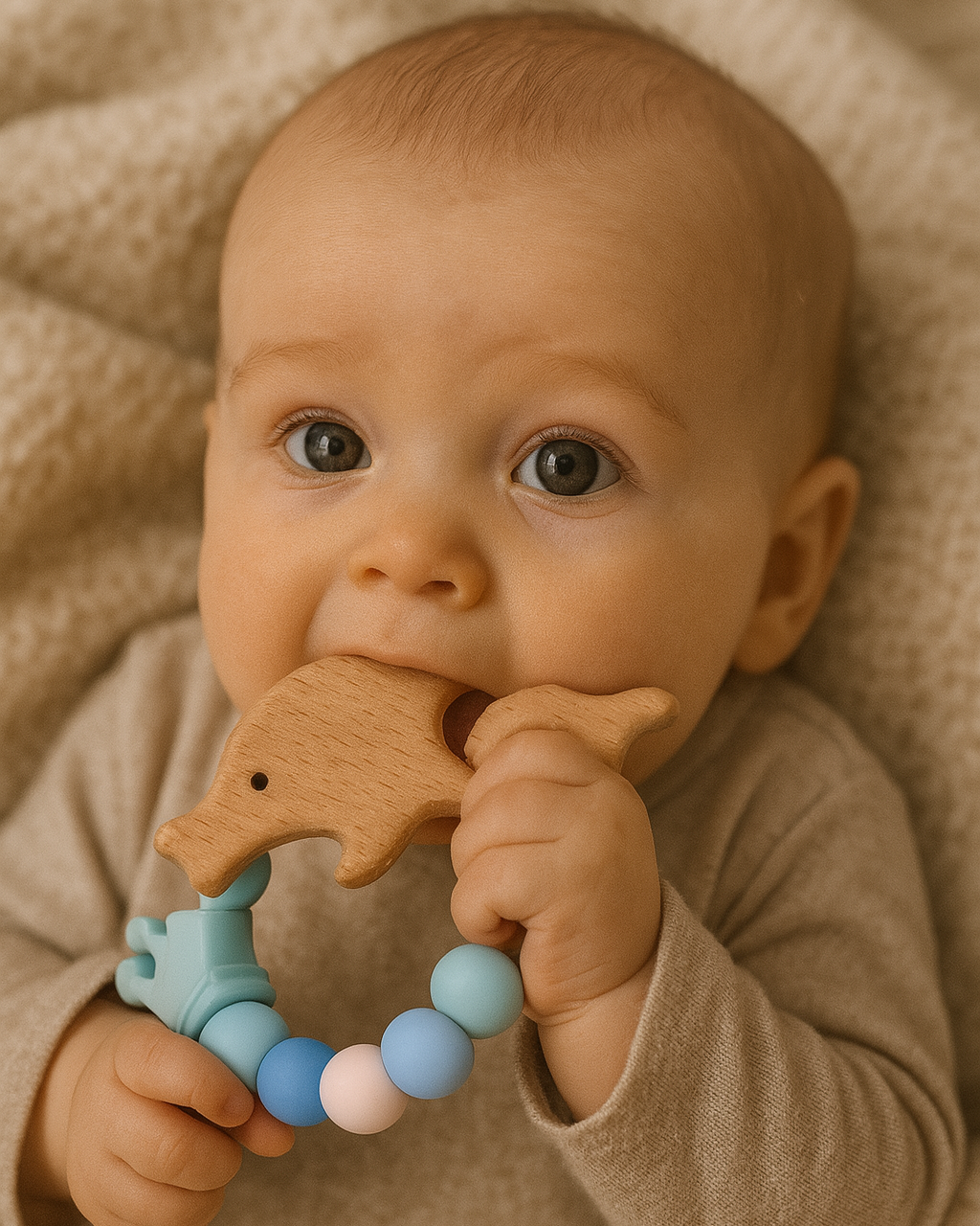 Anneau de dentition Dauphin en bambou naturel et silicone hypoallergénique sécuritaire pour bébés