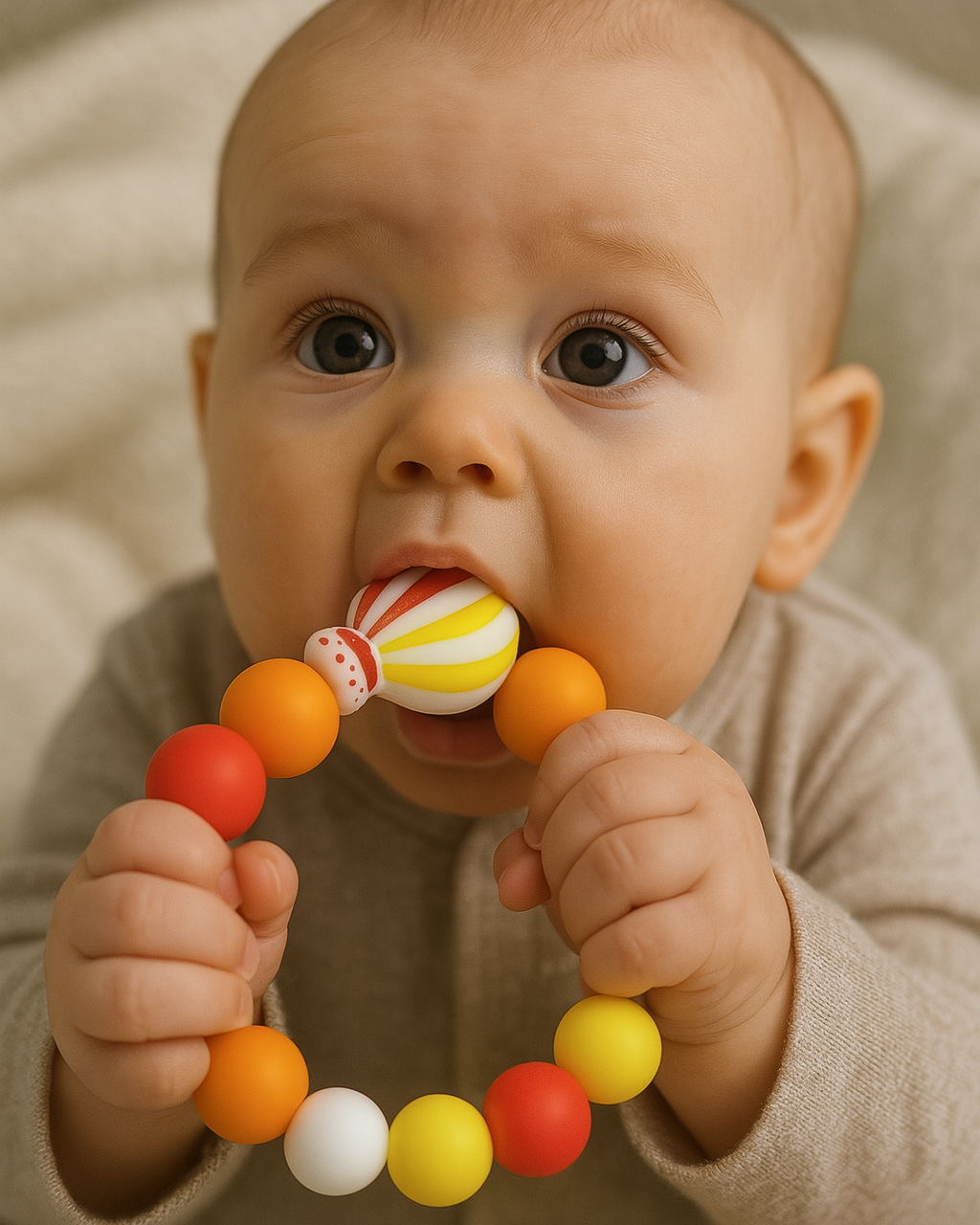 Anneau de dentition montgolfière orange en bois et silicone, ergonomique et sécurisé pour bébé