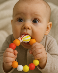 Anneau de dentition montgolfière orange en bois et silicone, ergonomique et sécurisé pour bébé
