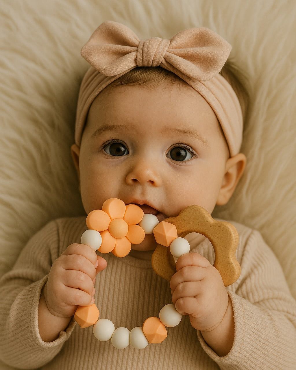 Anneau de dentition fleur en bambou et silicone hypoallergénique pour bébé