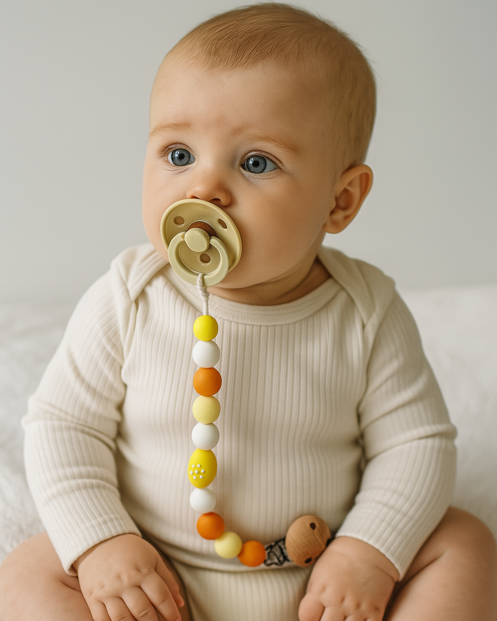 Attache sucette citron en silicone doux, sécurisée et lavable, pour garder la tétine propre et accessible.