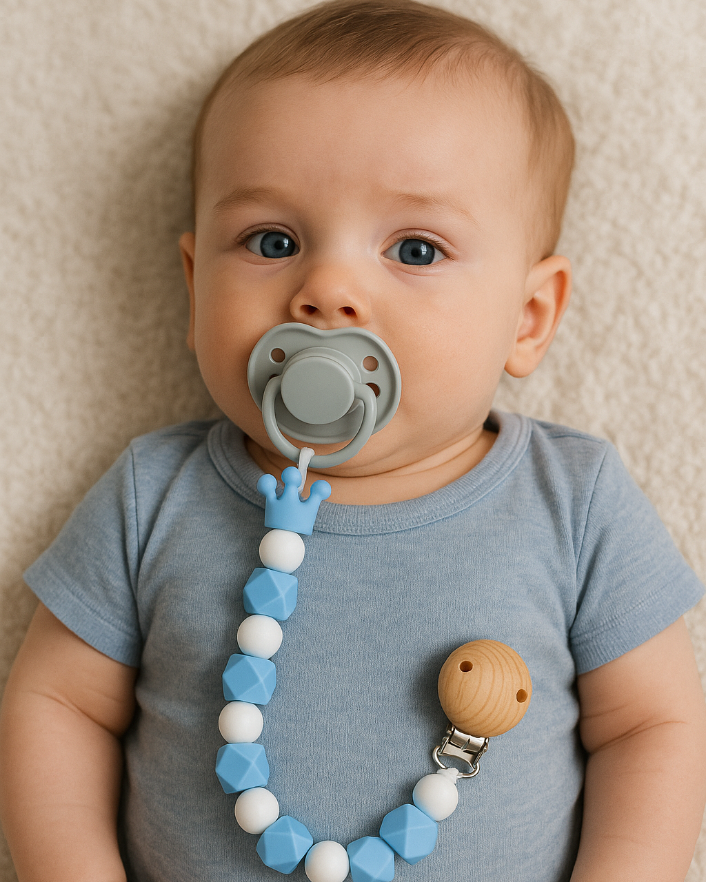 Attache sucette King bleu en silicone sûr et hypoallergénique pour bébé, fixation solide et entretien facile.