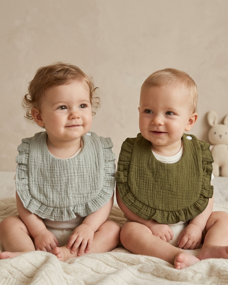 Duo de bavoirs mini chic en coton doux et bambou, fermeture réglable, lavables en machine