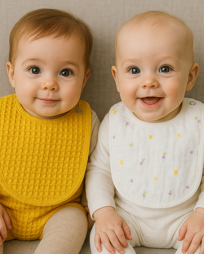 Bavoirs Papillon duo bébé coton et bambou absorbant avec motifs papillon et nid d’abeille jaune, fermeture réglable et tissu Oeko-Tex