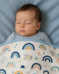 Couverture mi-saison bébé 100x100cm en coton doux bleu arc-en-ciel pour confort et tendresse