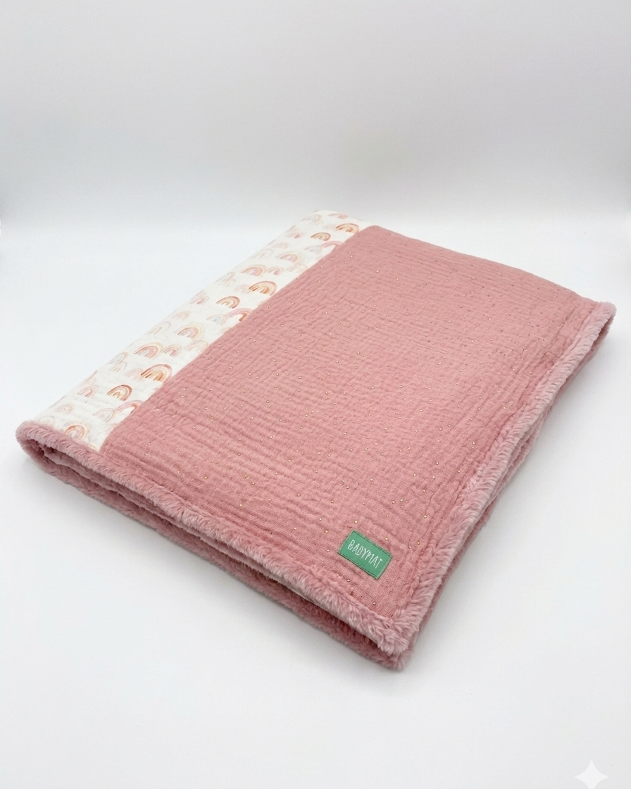 Couverture d'Hiver - Rose à pois dorés - Patchwork x Rainbow 100x80cm