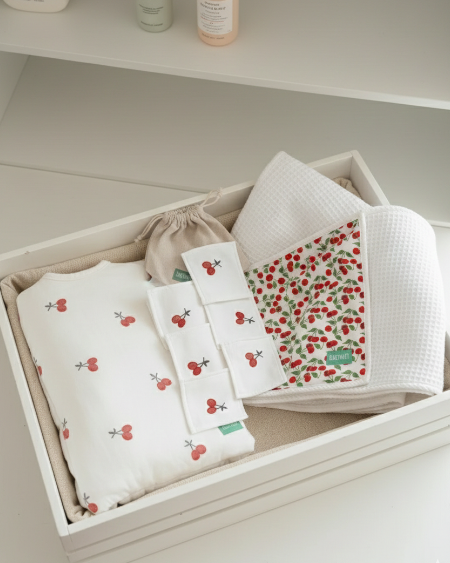 Pack Naissance Cerise BABYMAT with soft washable wipes, storage basket, and cherry-themed baby bath towel, eco-friendly and artisan-made.