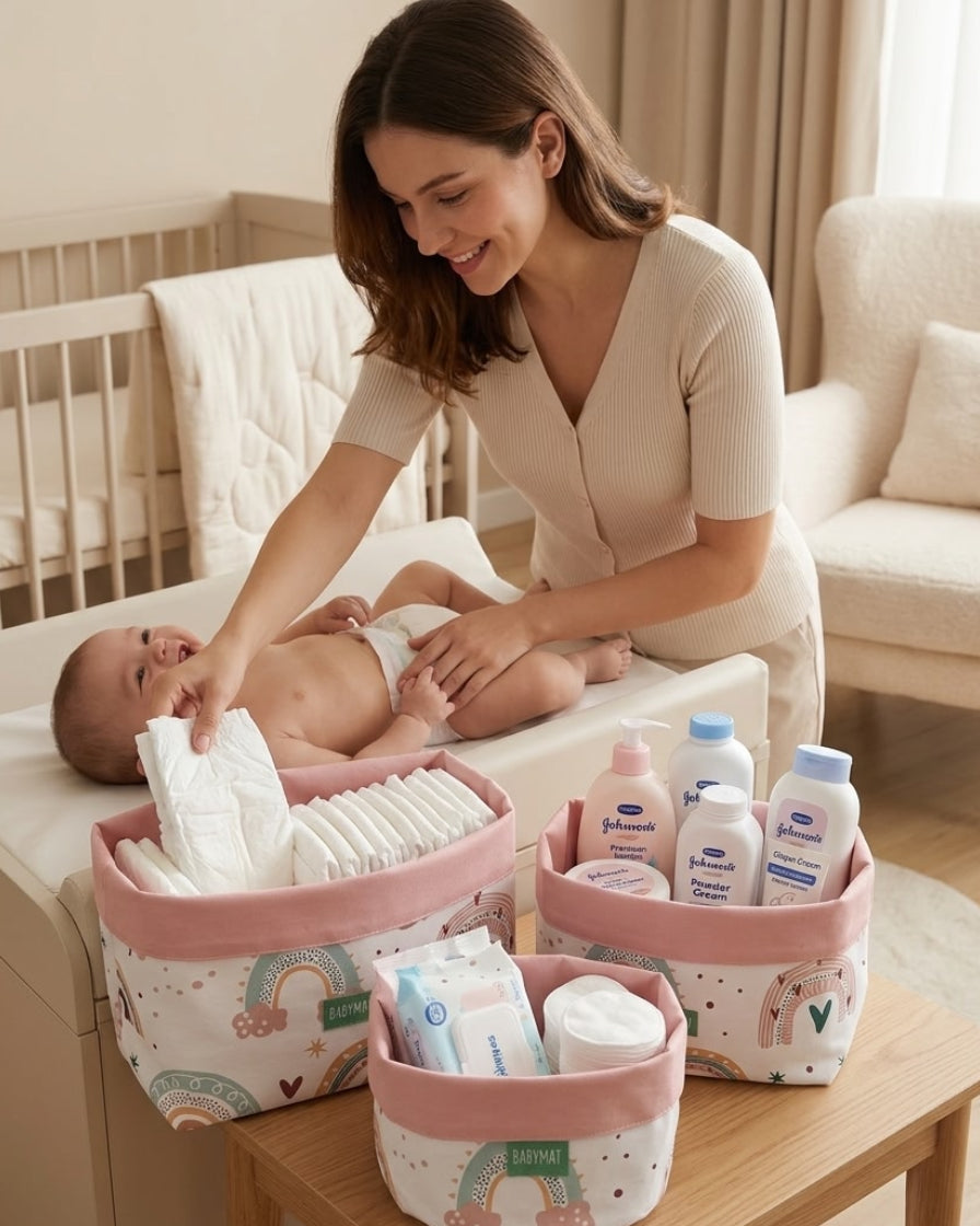 Trio de paniers Bonheur Rose en matériaux réversibles haute qualité pour organisation bébé.