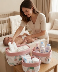 Trio de paniers Bonheur Rose en matériaux réversibles haute qualité pour organisation bébé.