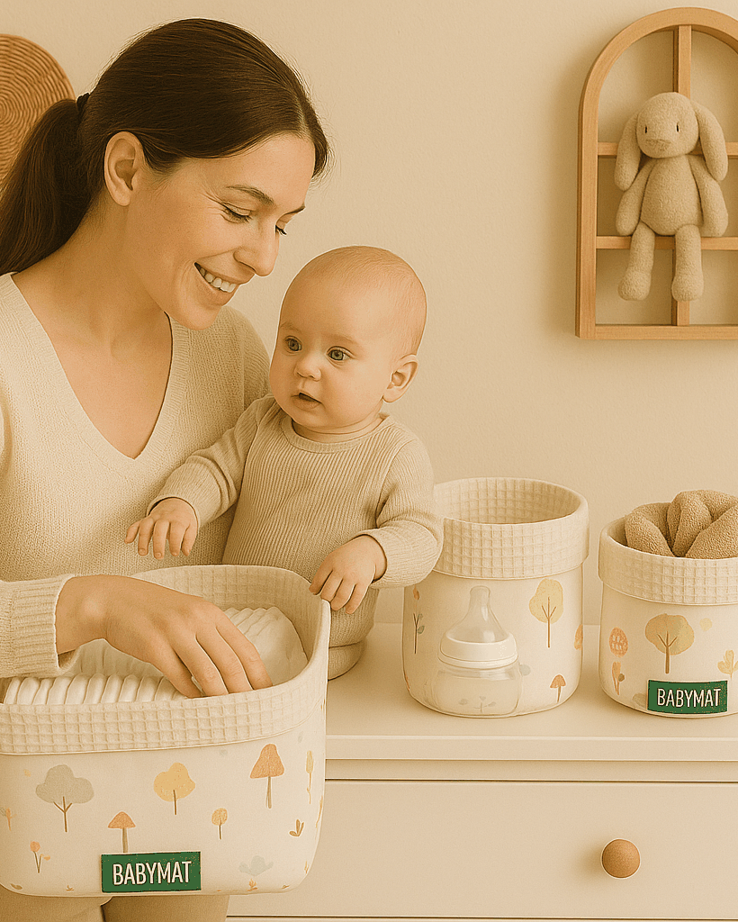 Trio de paniers de rangement bébé réversibles en matériaux naturels et durables, fabriqués au Maroc pour organiser avec style les essentiels de bébé