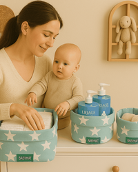 Paniers de rangement bébé réversibles verts avec étoiles blanches, lot de 3, durable et élégant pour organiser essentiels bébé