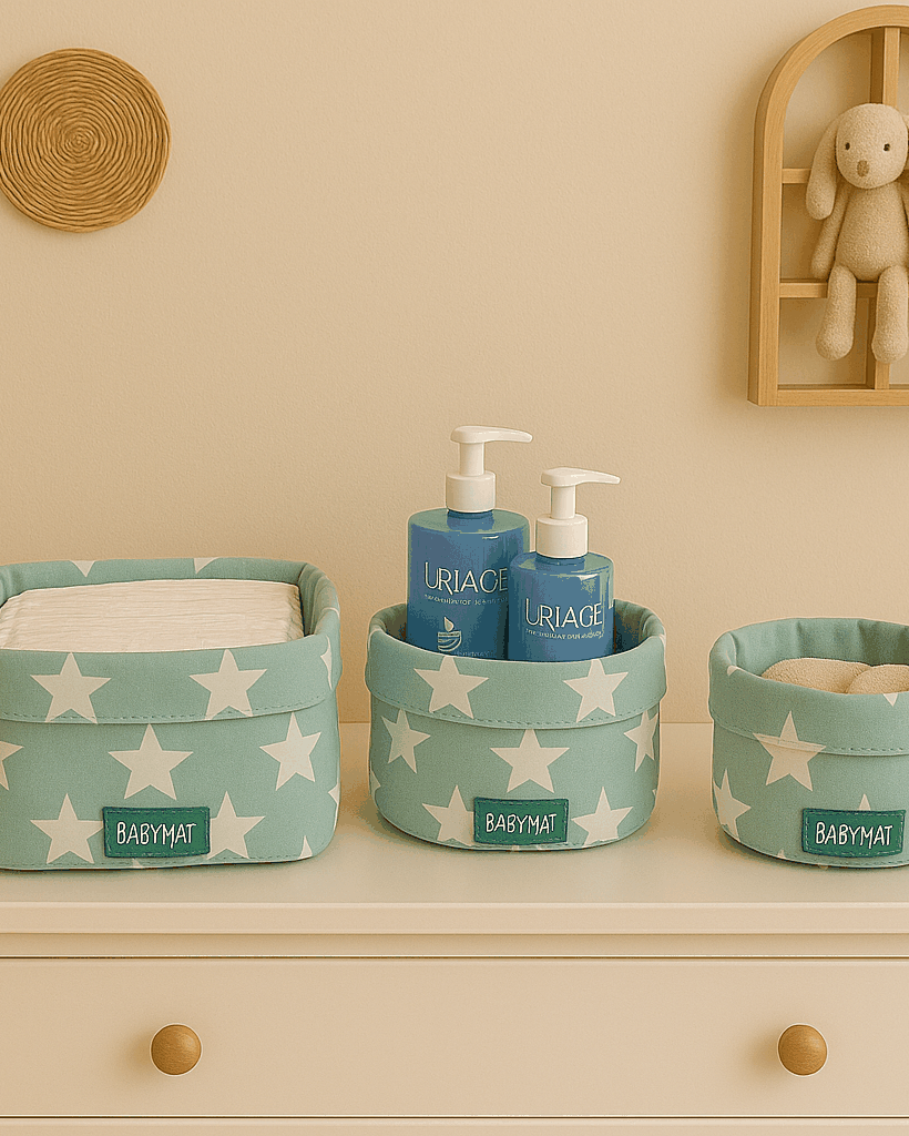 Paniers de rangement bébé réversibles – Vert Étoiles Blanches