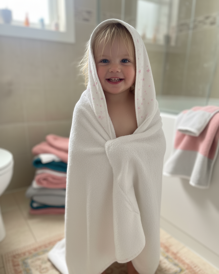 Serviette de Bain - Harmonie- Blanc aux Étoiles Roses 130x70cmServiette de bainBABYMATBABYMATServiette de Bain