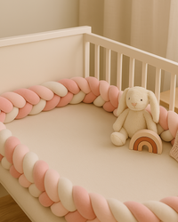 Tour de lit tressé rose blanc en coton ultra doux pour bébé, offrant confort et protection sécurisée.
