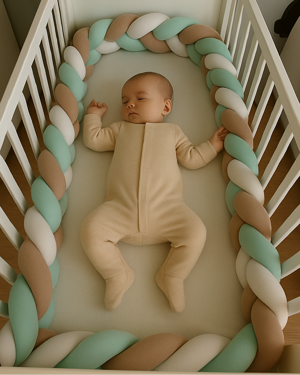 Tour de lit tressé vert beige blanc en coton doux pour bébé, protection et confort au lit.