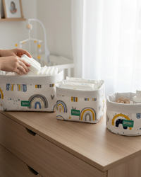Set de trois paniers de rangement bébé réversibles bleus élégants et durables en tissu doux